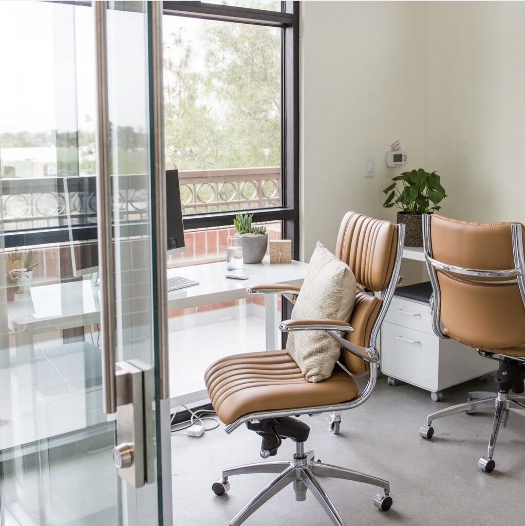 Bright, modern coworking space featuring a clean desk setup, tan leather office chairs, indoor plants, and large windows with natural light and outdoor views.
