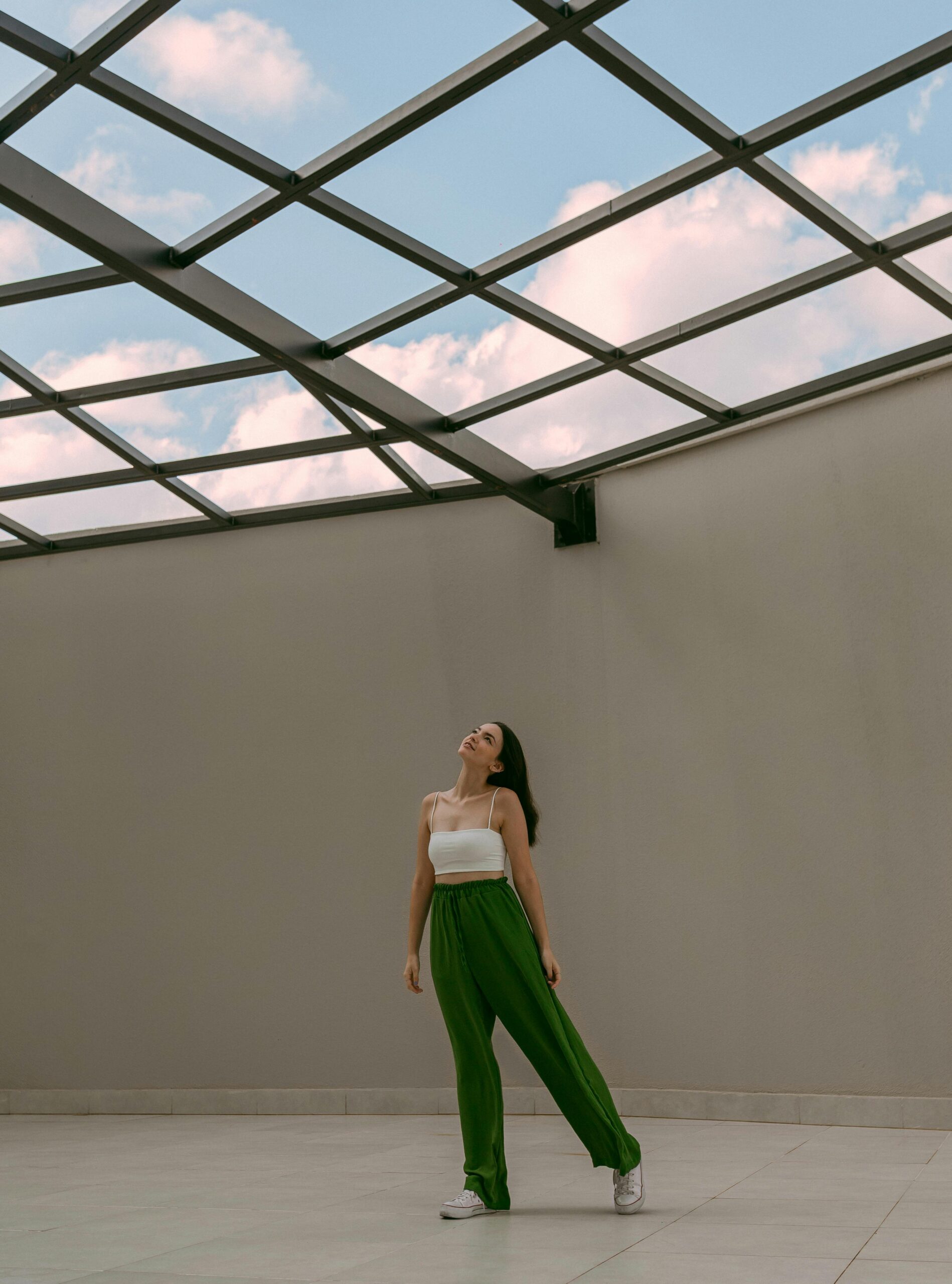 A woman stands confidently, looking upward at a transparent glass ceiling above her. The ceiling symbolizes barriers in the workplace. The image conveys determination and ambition, reflecting the theme of breaking through obstacles women face in business.